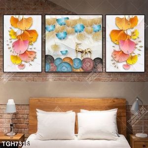 Tranh ghép 3 tấm đôi hươu và lá cây