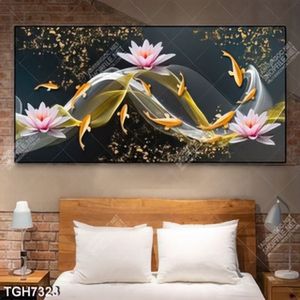Tranh khổ ngang hoa Sen và đàn cá