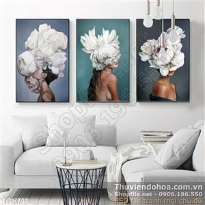 Tranh ghép nghệ thuật cô gái và bông hoa trắng