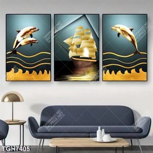 Tranh ghép 3 tấm cá heo và thuyền gold