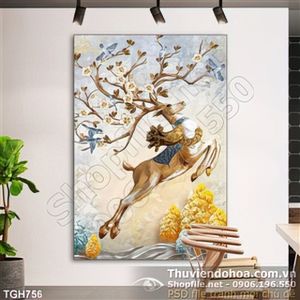 Tranh ghép lụa 3d con nai mùa xuân