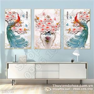 Tranh ghép chim công và bình hoa giả ngọc 3d wall