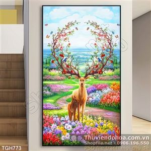 Tranh ghép con nai mùa xuân 3d in canvas