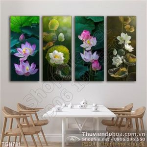 Tranh ghép bộ 4 tấm hao sen giả ngọc đẹp in canvas