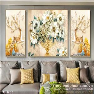 Tranh ghép in canvas con nai và bình hoa lụa 3d