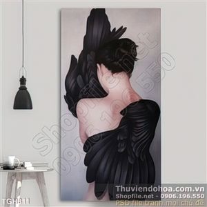 Tranh ghép nghệ thuật cô gái và cánh chim đen