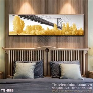 Tranh ghép cây cầu và hàng cây vàng mạ vàng