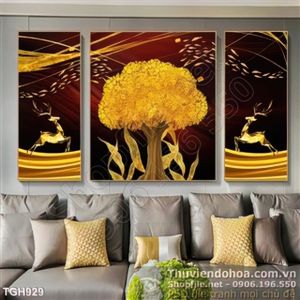 Tranh ghép trừu tượng con nai và cái cây đồng tiền vàng