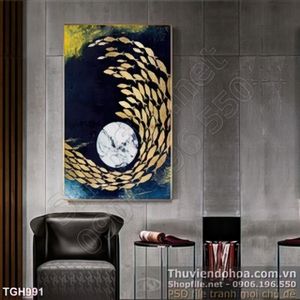Tranh ghép đàn cá bơi quanh mặt trăng in gạch