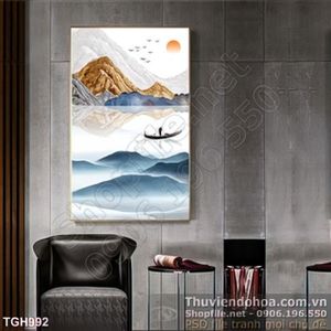 Tranh ghép phong cảnh và ông lão chèo thuyền