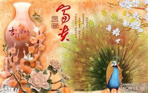 Tranh giả ngọc bình hoa cổ và chim công