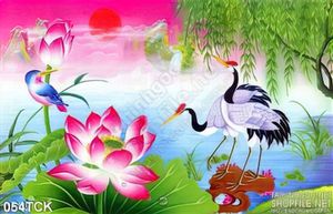 Tranh hoa sen, cá chép và chim hạc