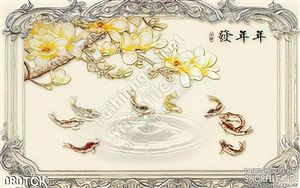 Tranh hoa sen, cá chép và hoa đào