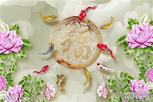 Tranh hoa mẫu đơn giả ngọc và đàn cá