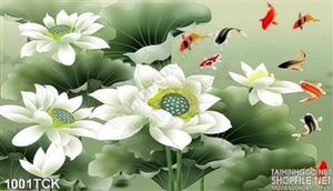 Tranh hoa sen màu trắng và cá chép đẹp 3d