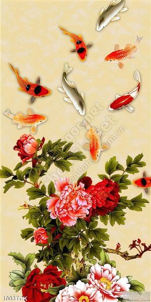 Tranh cá chép và hoa mẫu đơn đẹp ấn tượng
