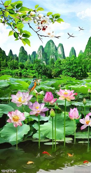 Tranh đầm sen và ngọn núi in uv