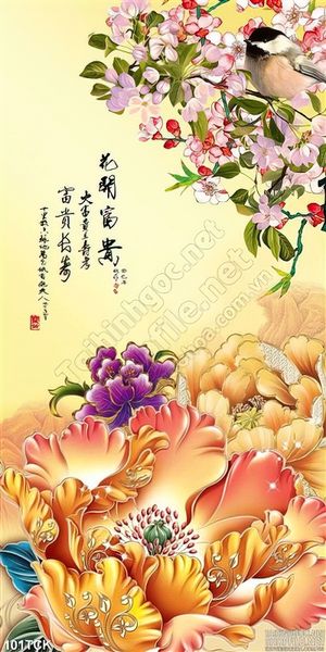 Tranh hoa sen, cá chép và hoa mẫu đơn