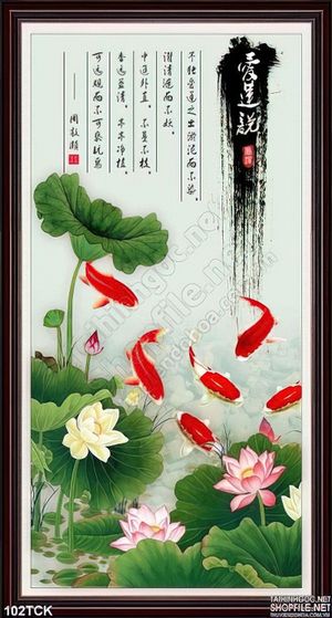 Tranh hoa sen, cá chép thư pháp trang trí