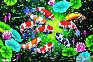 Tranh hoa sen cá koi vẽ đẹp ấn tượng 3d