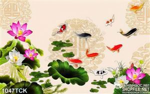 Tranh lá sen và cá chép bơi lội in uv wall decor
