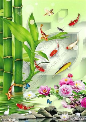 Tranh cây sống đời 3d và cá chép koi