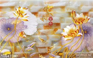 Tranh hoa sen mạ vàng nền giả ngọc đẹp 3d