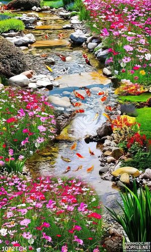 Tranh con suối đẹp và đàn cá koi