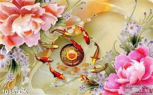 Tranh cá chép hoa mẫu đơn giả ngọc đẹp ấn tượng