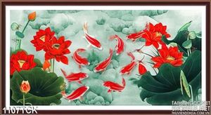 Tranh cá chép đỏ và hoa sen đỏ