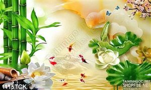 Tranh cây hoa sen giả ngọc màu trắng và cá chép