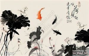 Tranh hoa sen, cá chép thư pháp