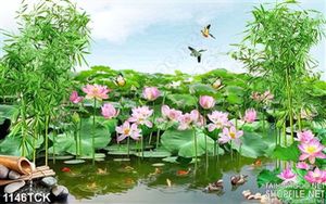 Tranh hoa sen và cá chép dán tường