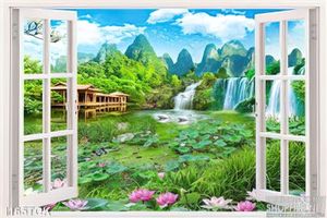 Tranh cửa sổ phong cảnh hoa sen