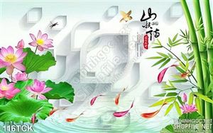 Tranh hoa sen, cá chép thư pháp phong thủy