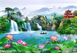 Tranh phong thủy hoa sen và thác nước