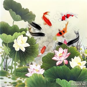 Tranh hoa sen cá chép dán tường đẹp