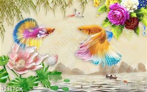 Tranh tranh phong thủy hoa sen và 2 chú cá sim betta