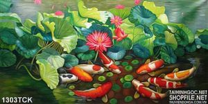 Tranh sơn dầu đầm sen và cá chép