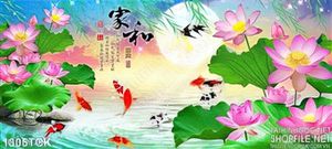Tranh hoa sen cá chép dán tường độc đáo