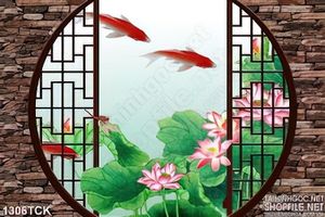 Tranh khung cửa hoa sen cá chép
