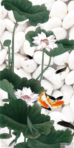 Tranh hoa sen cá chép trên nền đá sỏi
