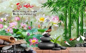Tranh hoa sen nở bên rặng trúc