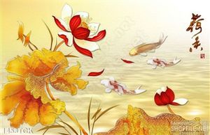 Tranh hoa sen đỏ và cá chép