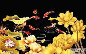 Tranh in sen vàng và cá Koi