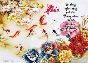 Tranh hoa mẫu đơn và cá Koi