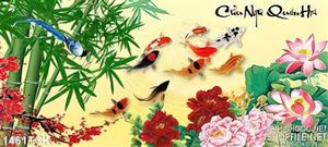 Tranh mẫu đơn đỏ và cá Koi