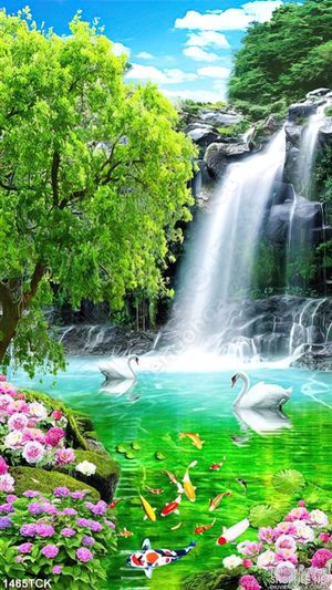 Tranh cá Koi dưới thác nước