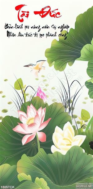 Tranh hoa sen chữ tài đức
