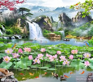 Phong cảnh hoa sen dưới thác nước